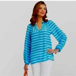 LILLY PULITZER Elsa Blue Striped 100% Silk Quarter Sleeve Blouse Top XS